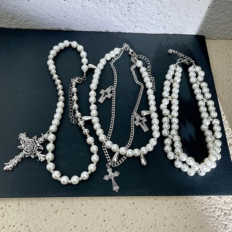 KURTCB Layered Pearl Necklace Gothic Cross Pearl Stacked Necklace for Women - Image 3